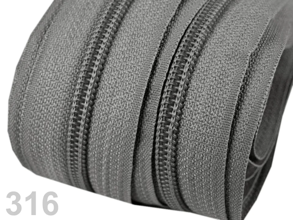 Reißverschluss als Meterware in Grau, spiralförmig, mit 5 mm Spiralbreite