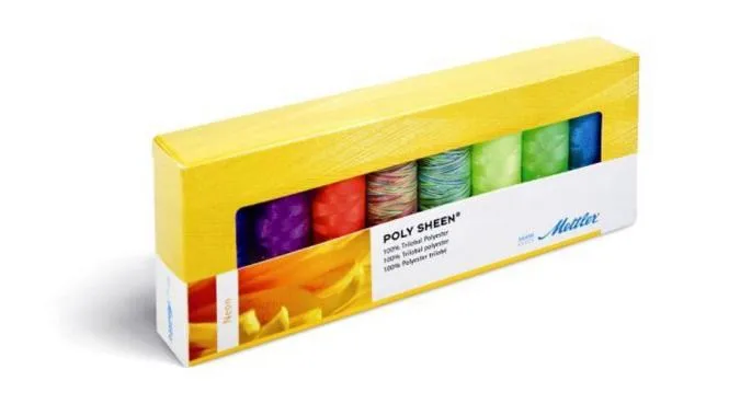 Karton Fadenset Poly Sheen mit acht Spulen in Neonfarben