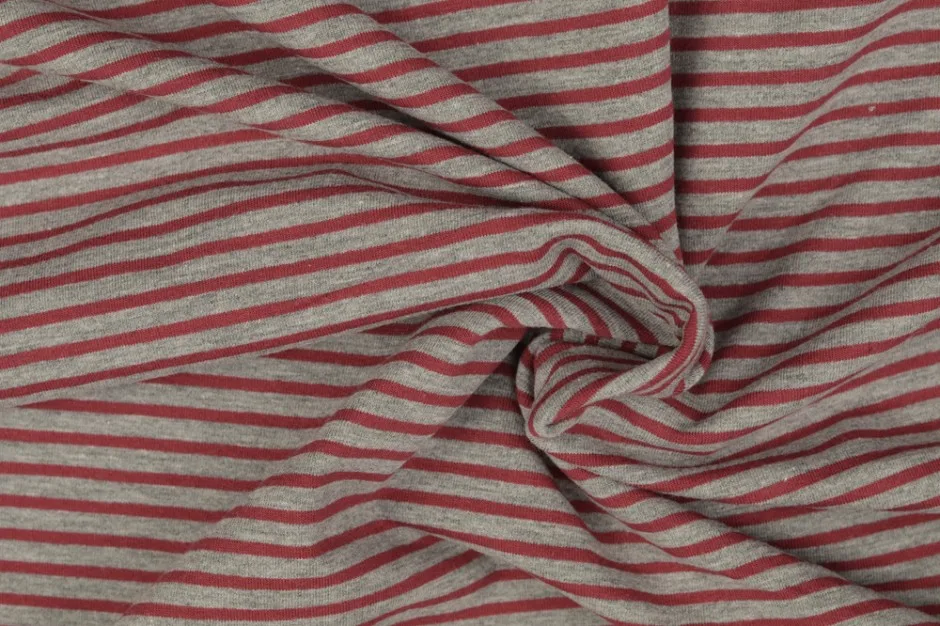 Baumwolljersey in Dunkelrot/Grau, Meterware im Detail