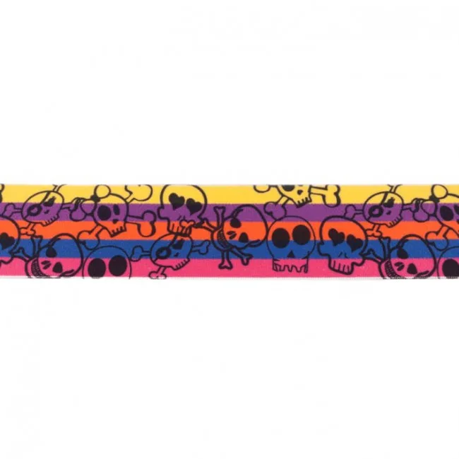 Gummiband Totenköpfe in Bunt, Meterware im Ausschnitt