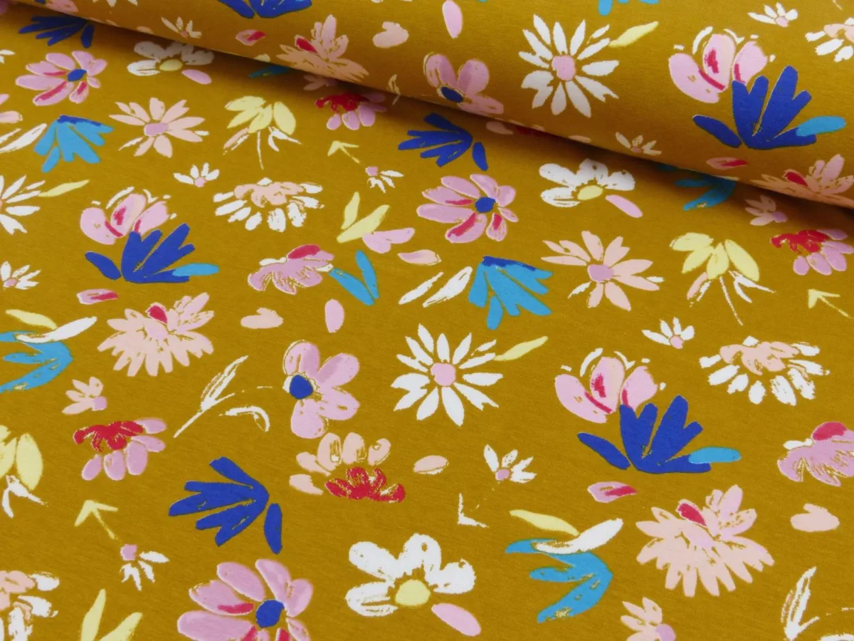 Baumwolljersey Blüten in Senf, Meterware im Detail