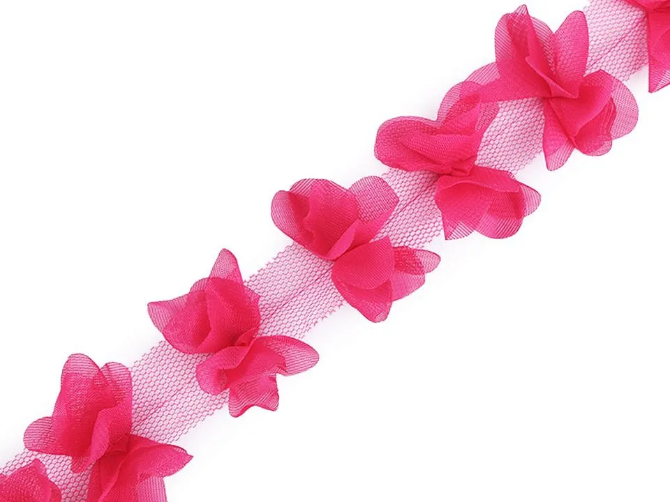 Tüllborte mit Schleifen/Schmetterlingen in Pink, Meterware im Ausschnitt