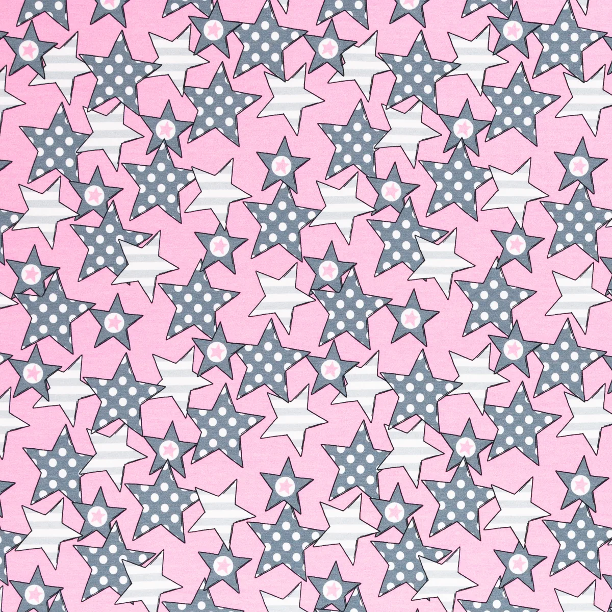 Baumwolljersey Sterne in Rosa/Grau, Meterware im Detail