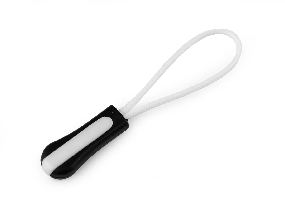 Zipper Schlaufe/ Reißverschlussanhänger Weiß/Schwarz, Nahaufnahme