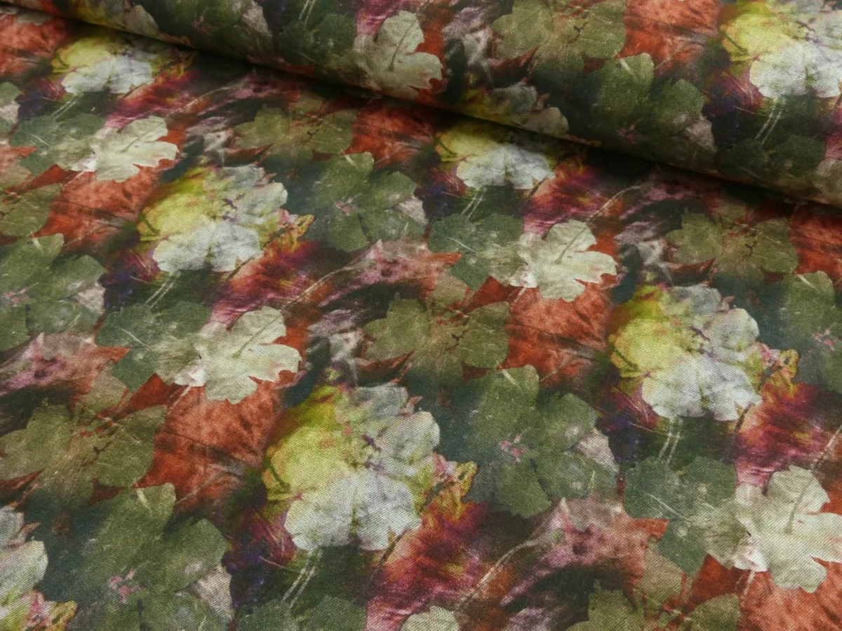 Jeans Denim Blüten in Gelb, Rot Dunkelgrün, Meterware im Detail