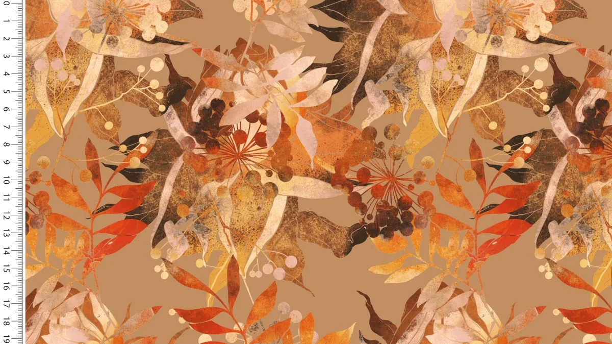 Viskosejersey Blüten in Senf/Terrakotta, Meterware im Detail