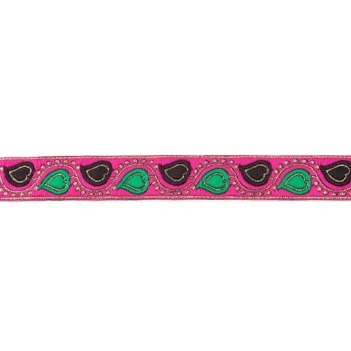 Jacquardband Pink mit Herzen in Grün, Meterware im Ausschnitt