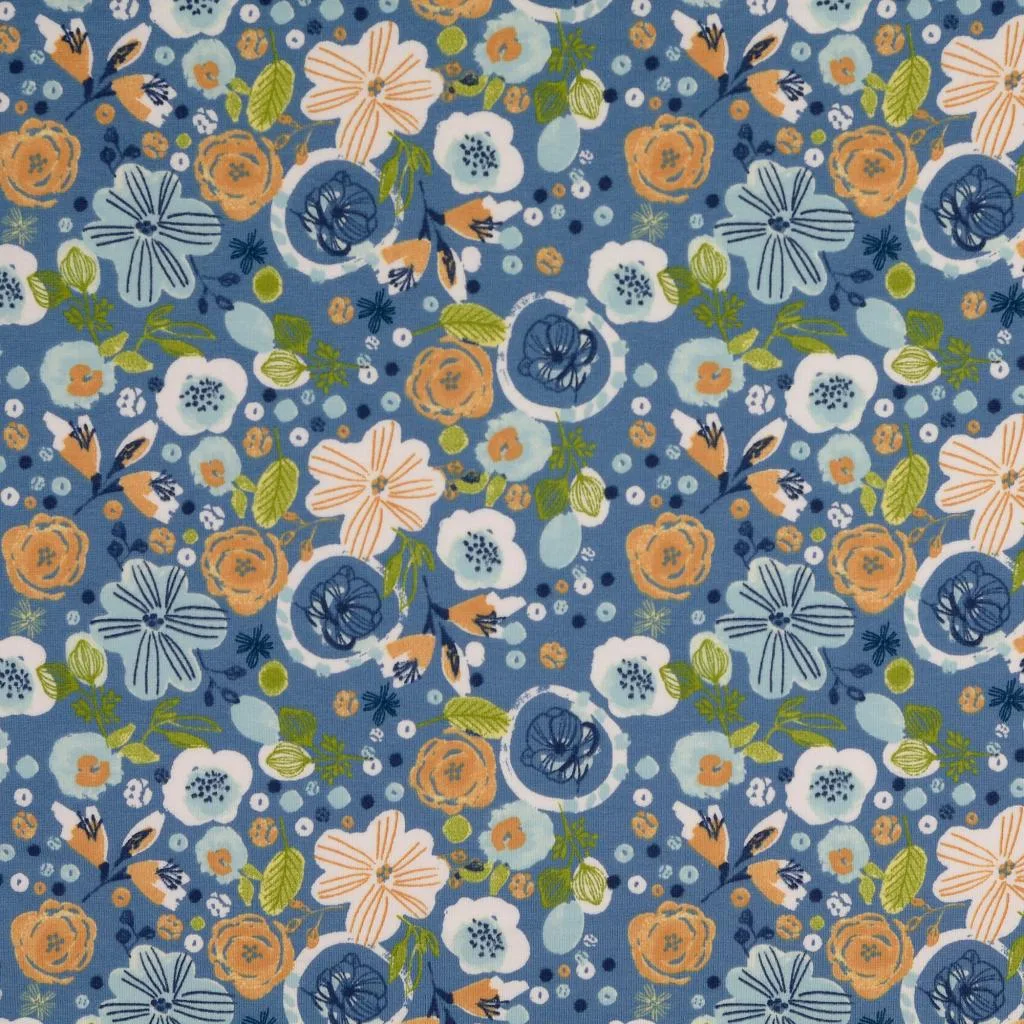 Sommersweat French Terry Blüten in Jeansblau, Meterware im Detail