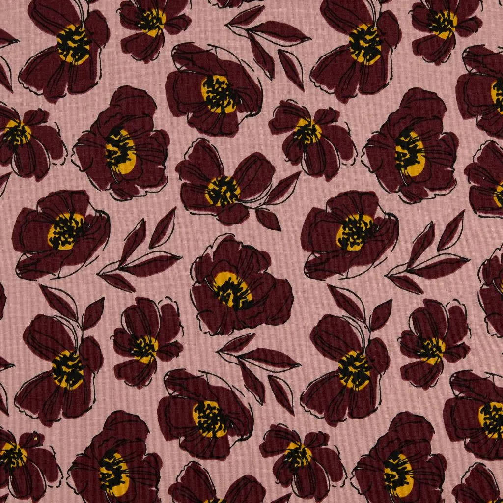 Sommersweat French Terry Blüten in Altrosa Dunkel, Meterware im Detail