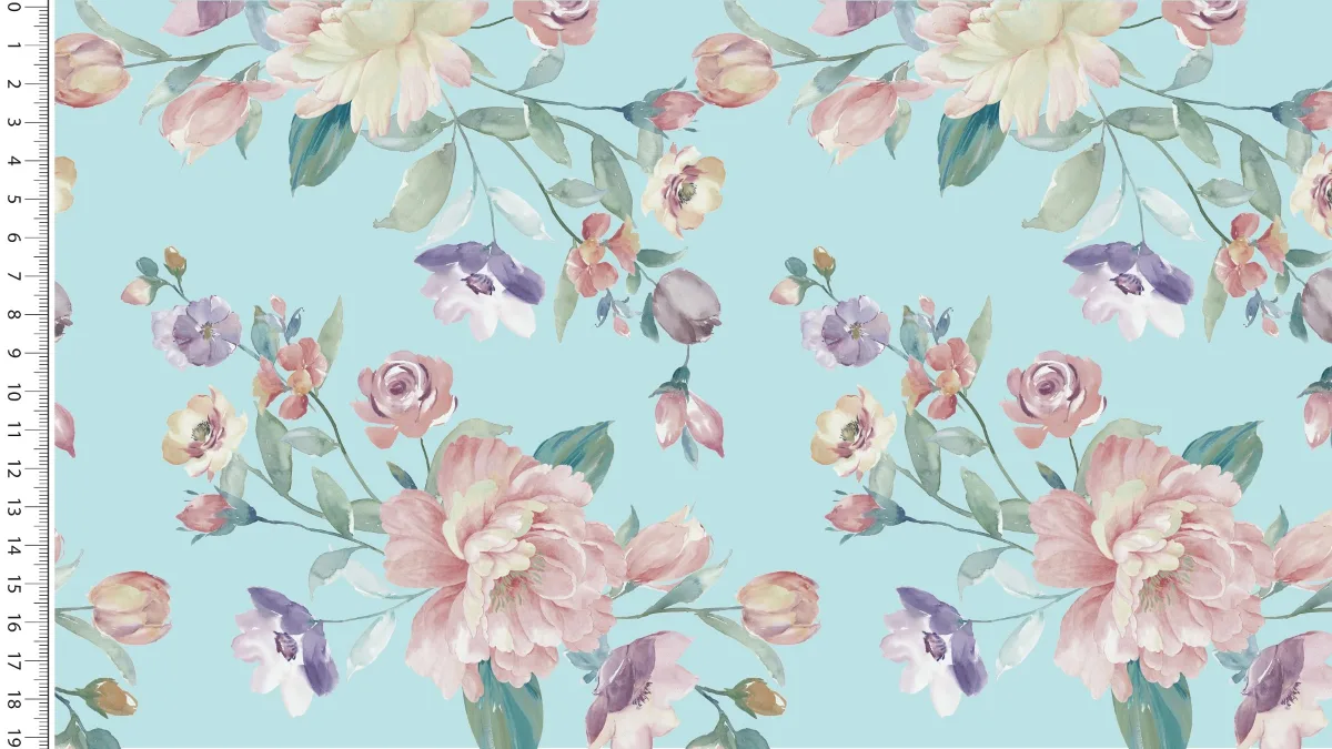 Viskose-Webware Blüten in Aqua, Meterware im Detail