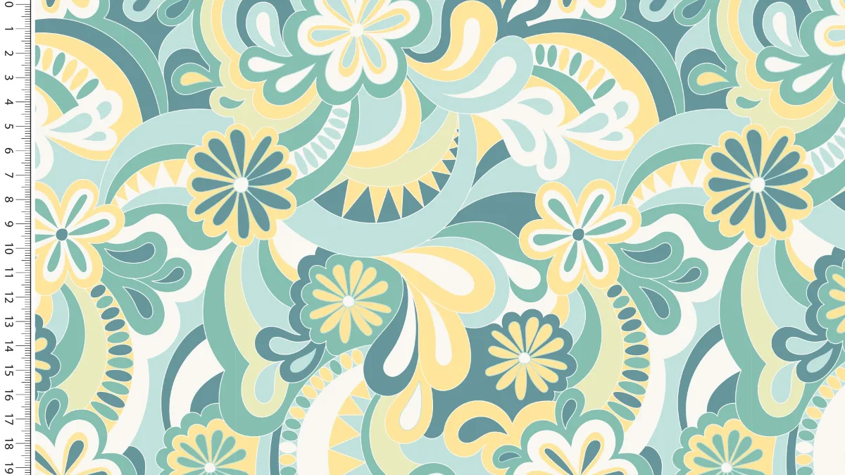 Viskosejersey Blüten in Mint/Petrol, Meterware im Detail
