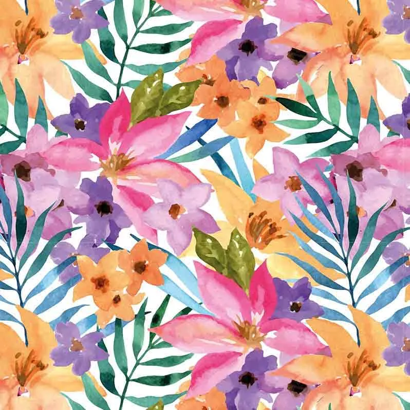 Baumwolljersey Blüten in Bunt auf Weiß, Meterware im Detail