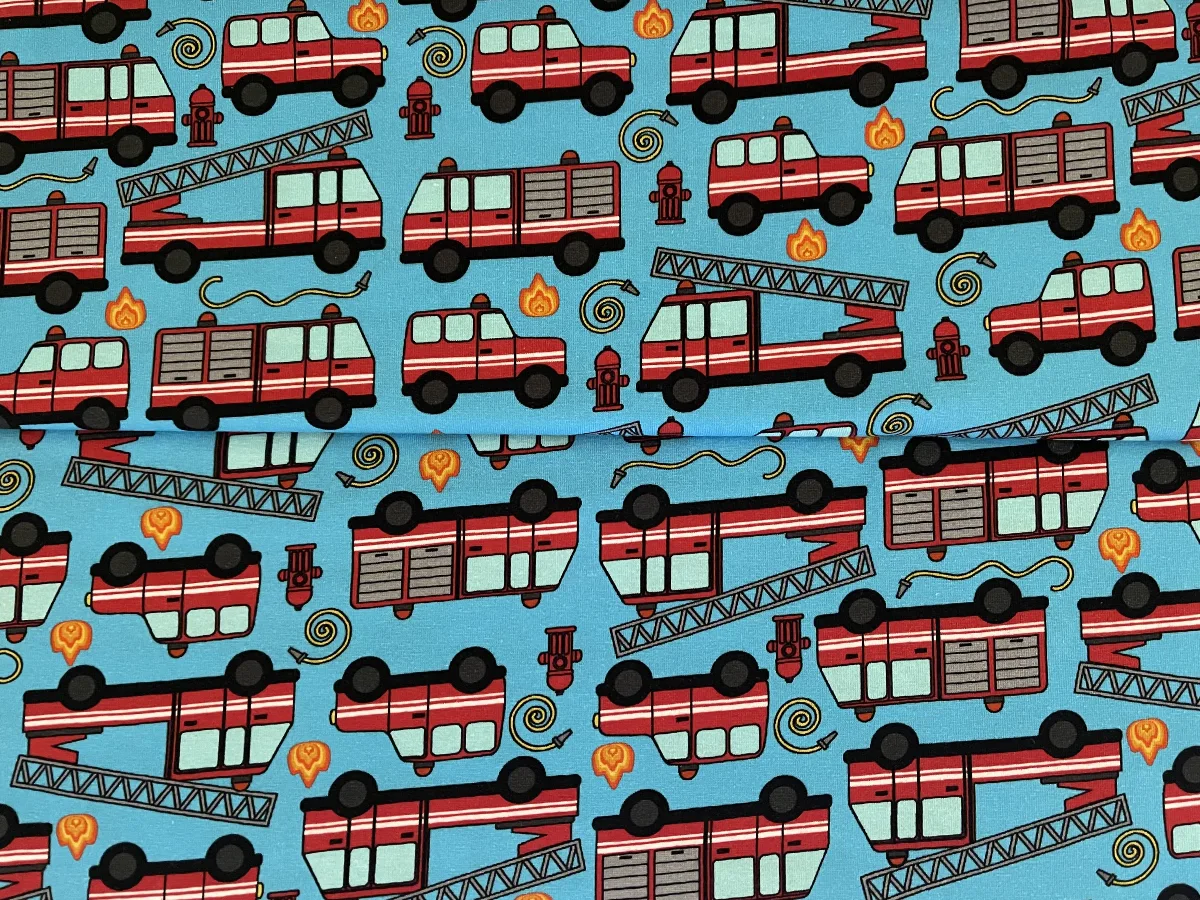 Baumwolljersey Fahrzeuge in Azur, Meterware im Detail