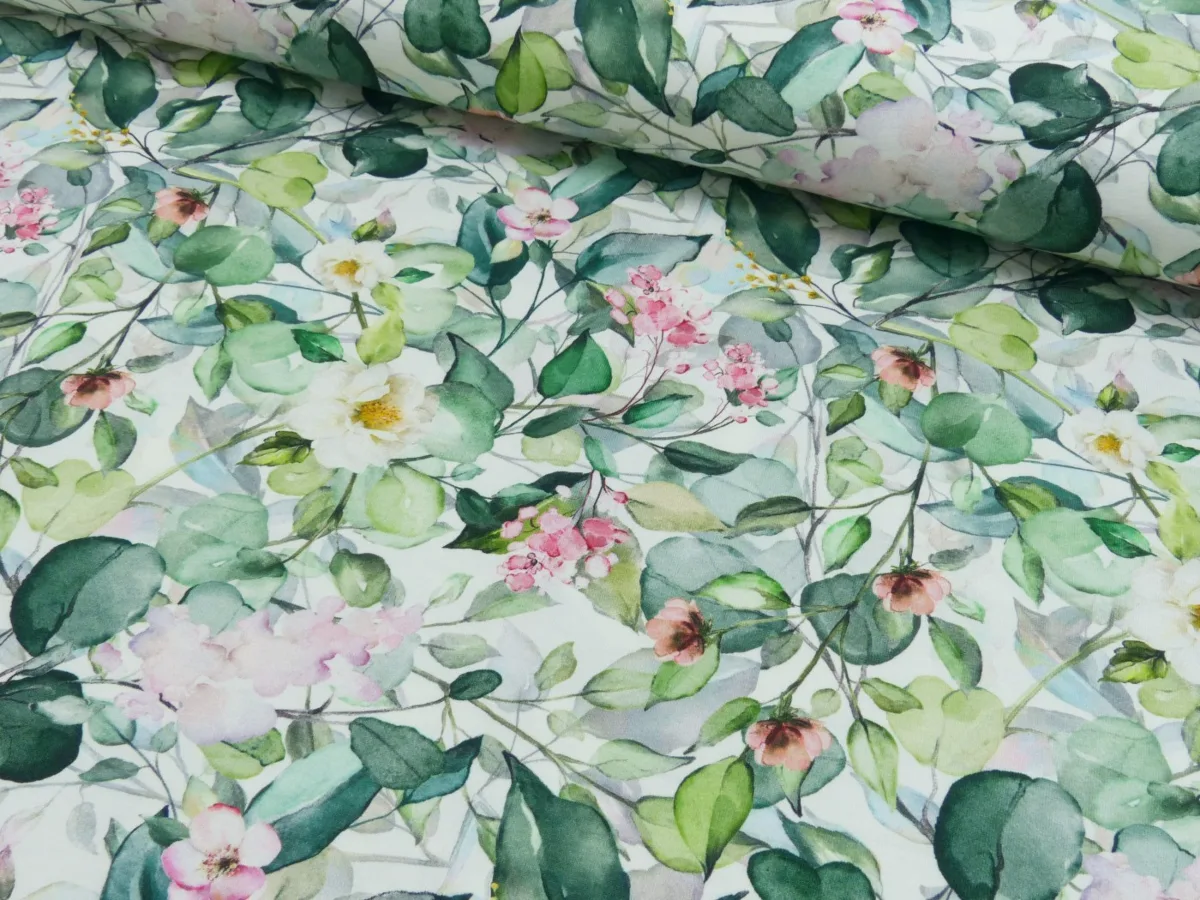 Baumwolljersey Blüten in Grüntöne, Meterware im Detail