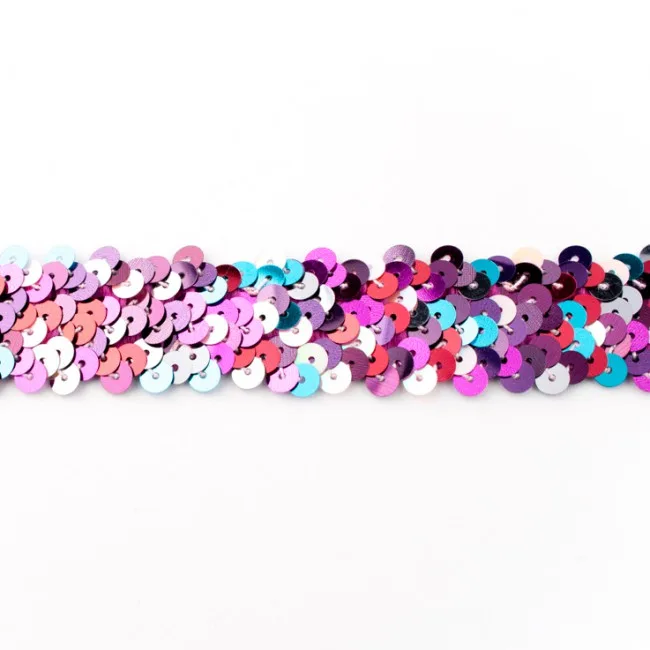 Elastische Pailettenborte Multicolor in Violett, Meterware im Ausschnitt