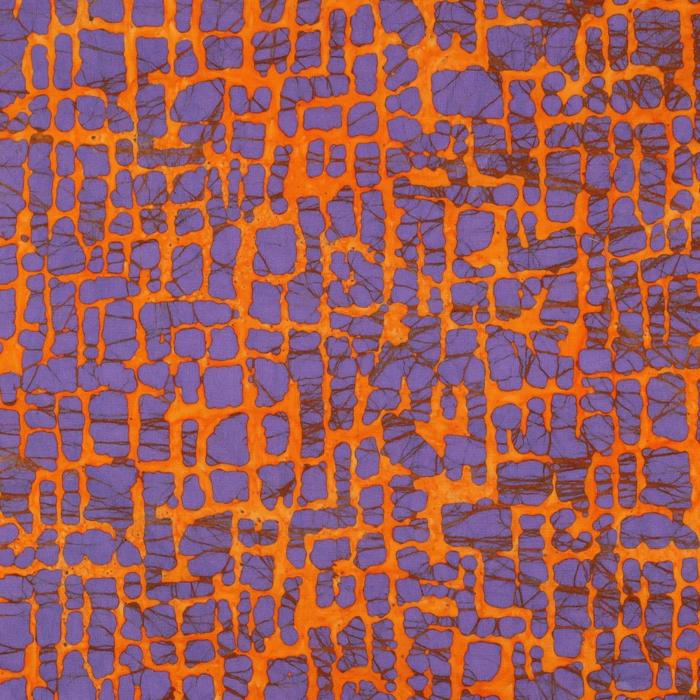 Baumwollwebware Popeline Batik in Orange auf Lilablau, Meterware im Detail