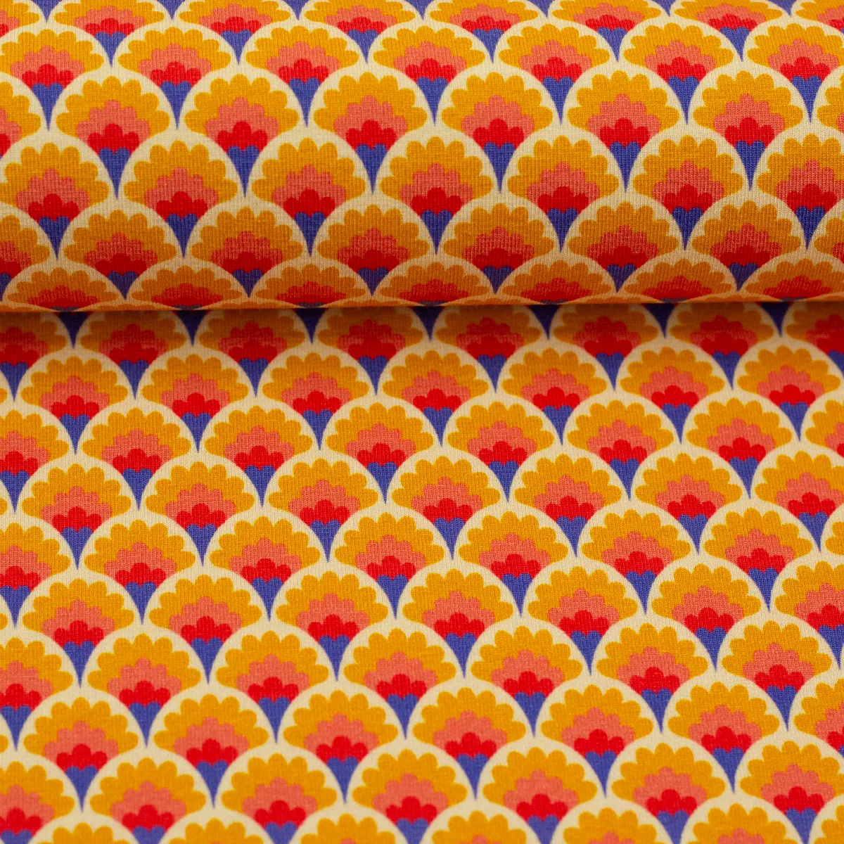 Baumwolljersey in Orange/Gelb, Meterware im Detail