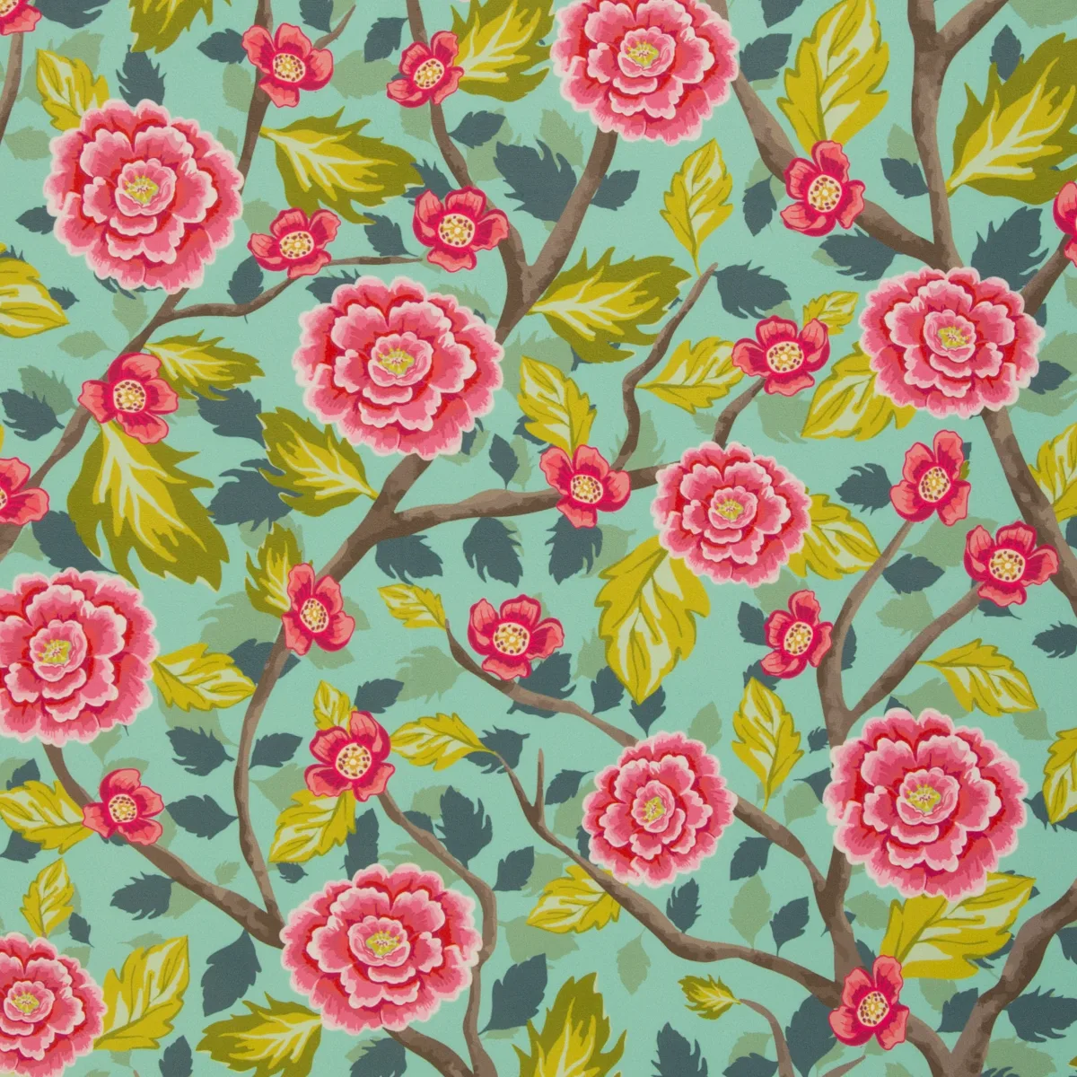 Dekostoff Halbpanama Blüten in Hellmint, Meterware im Detail