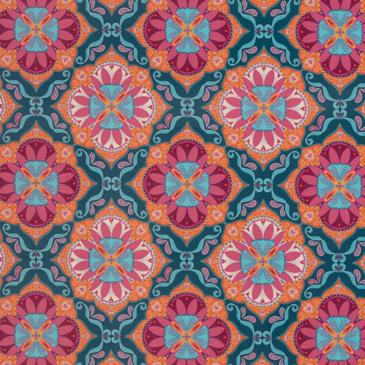 Dekostoff Halbpanama Blüten in Petrol, Meterware im Detail