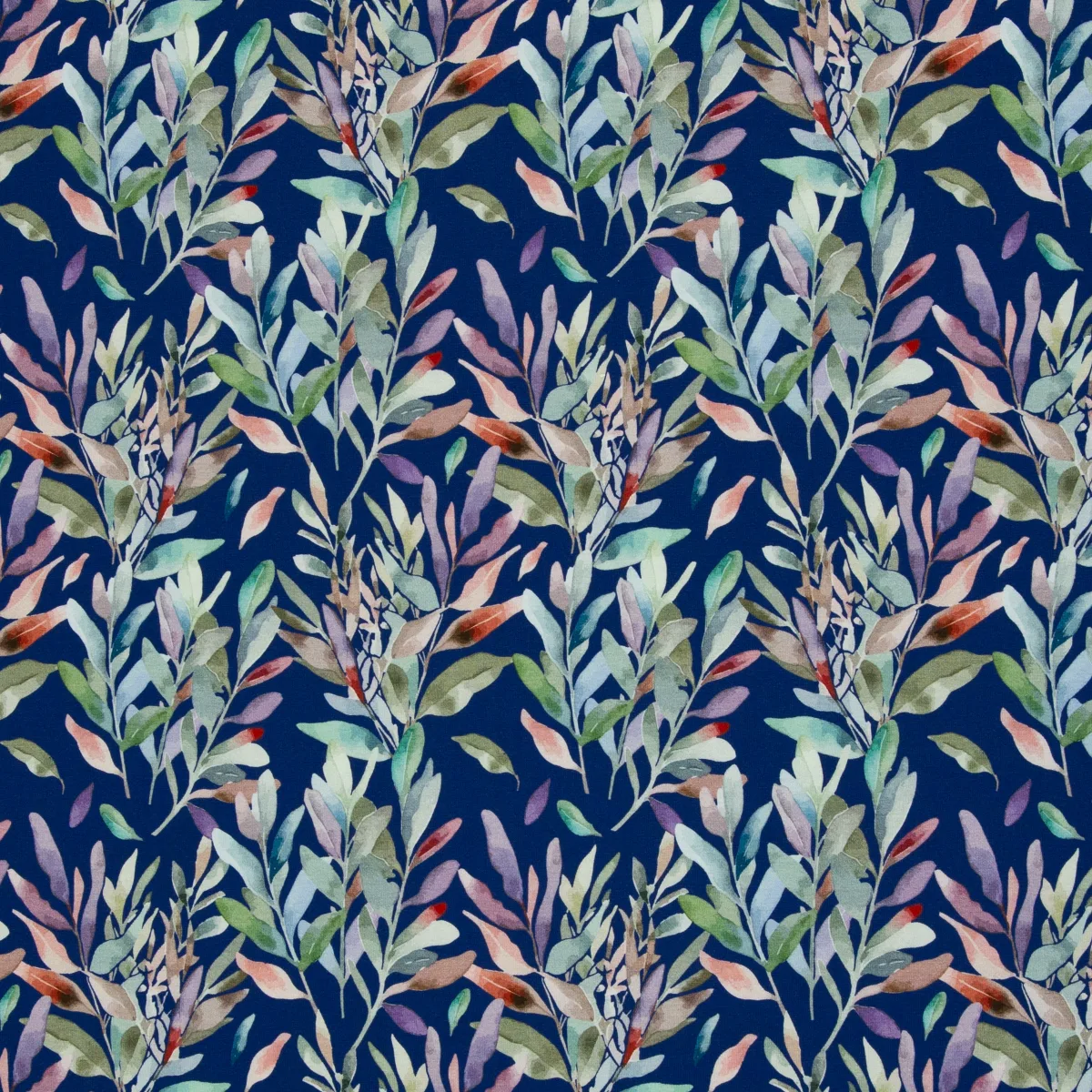 Baumwolljersey Blätter in Bunt/Dunkelblau, Meterware im Detail