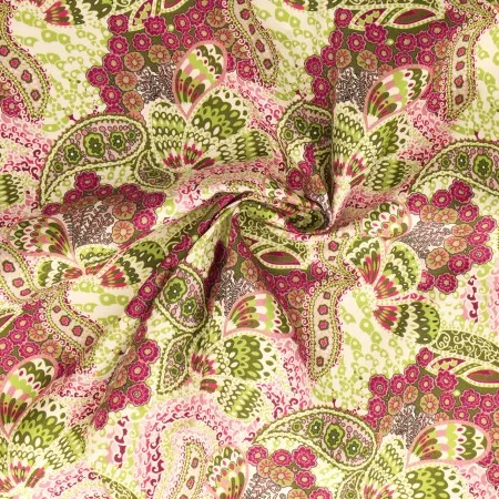 Baumwollwebware Popeline Paisley in Grün/Violett, Meterware im Detail