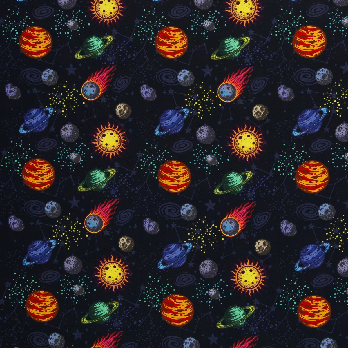 Baumwollwebware Popeline Planeten in Dunkelblau, Meterware im Detail