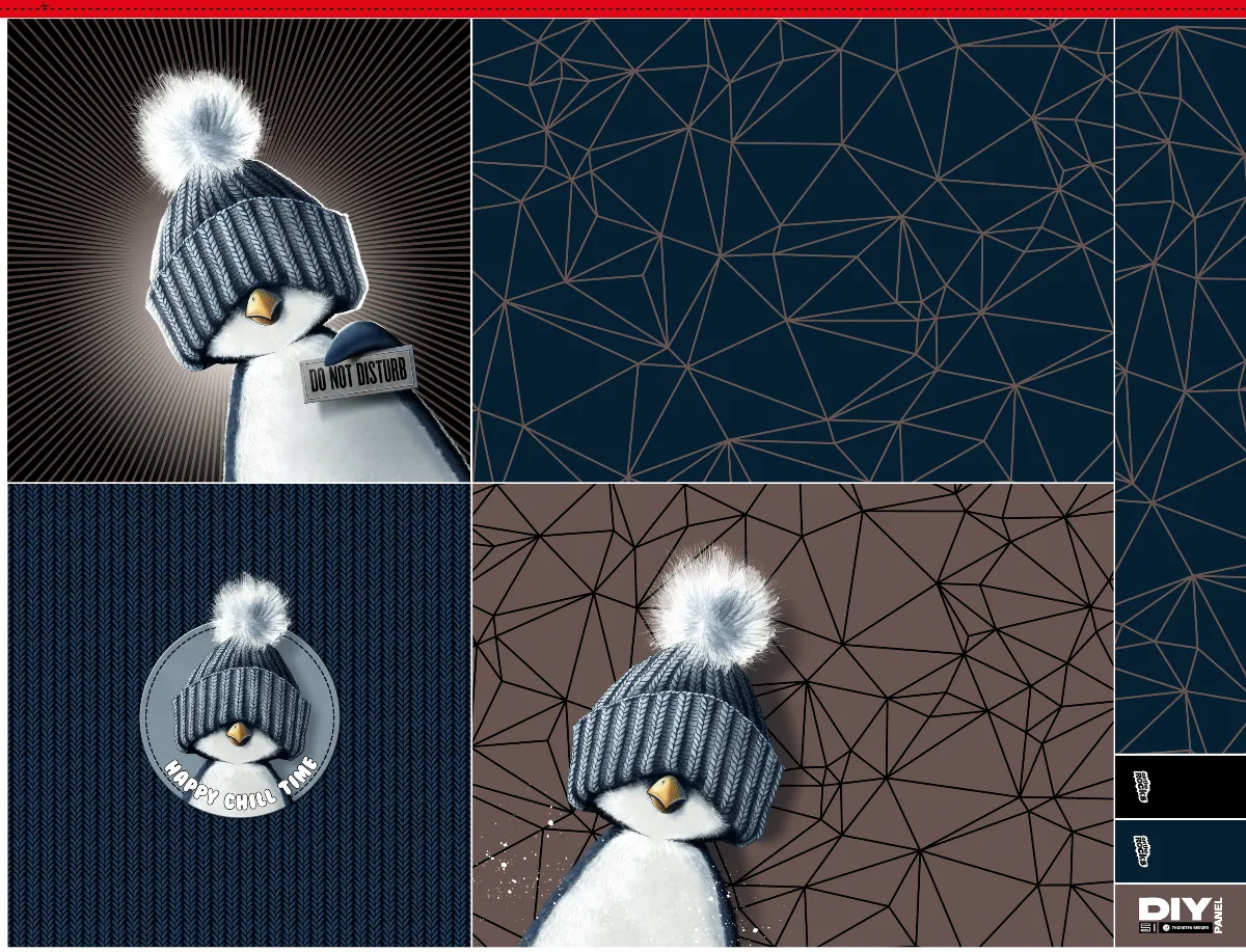 Samt Chenille Kissenpanel mit Pinguinen mit Bommelmütze in Nachtblau