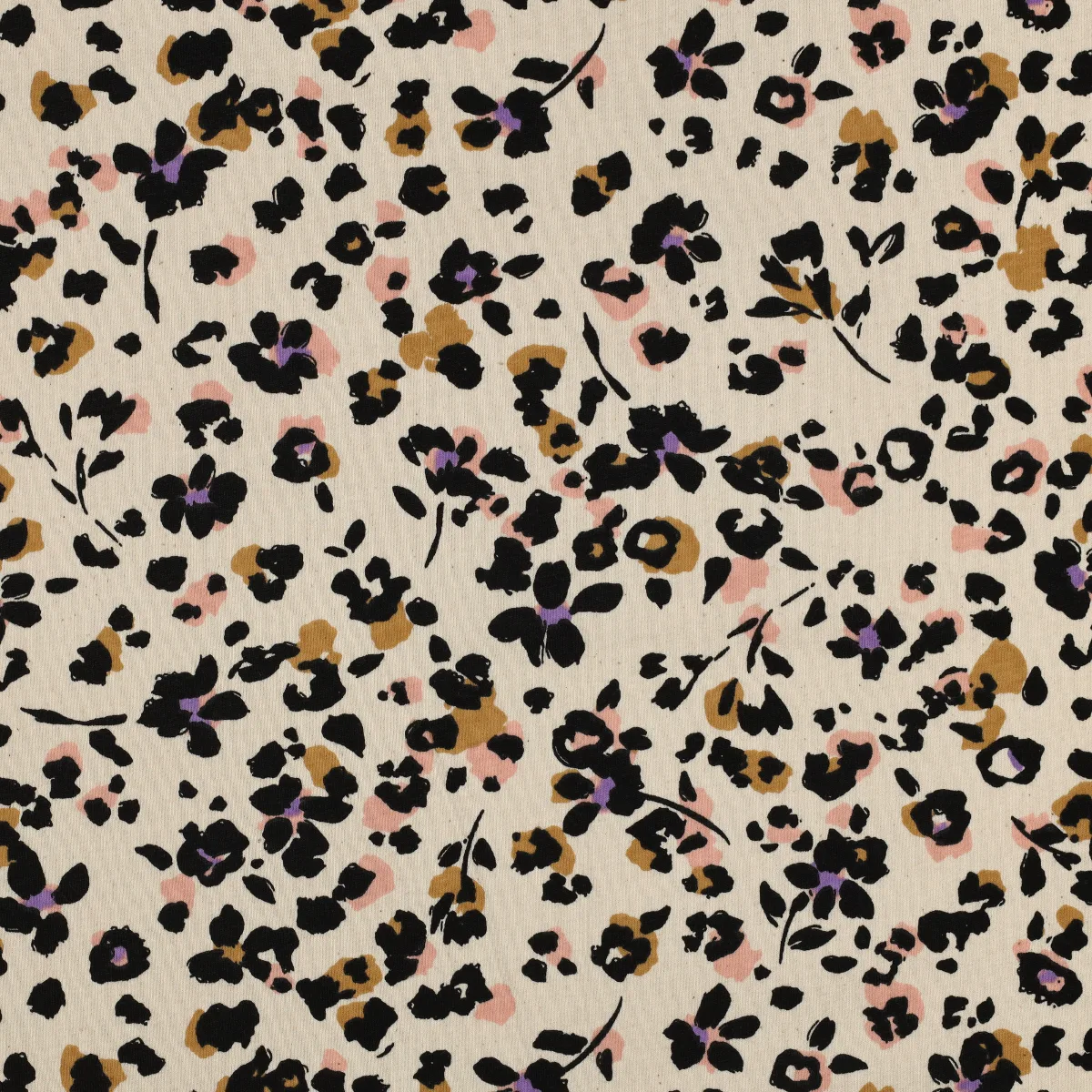 French Terry Sommersweat Animalprint mit Blüten in Natur, Nahaufnahme der Oberfläche