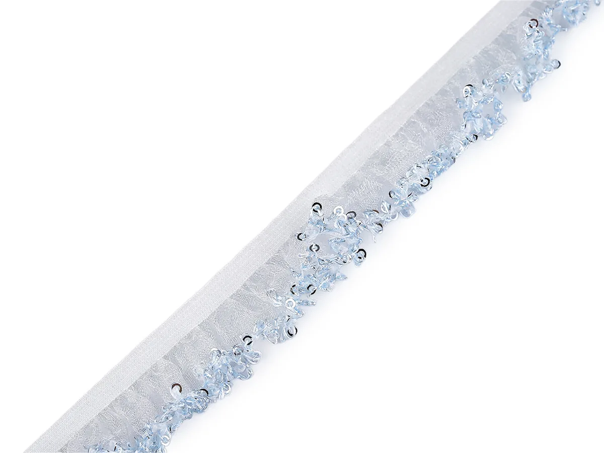 Organza-Rüschenband mit Paillettenkante in Hellblau, elastisch