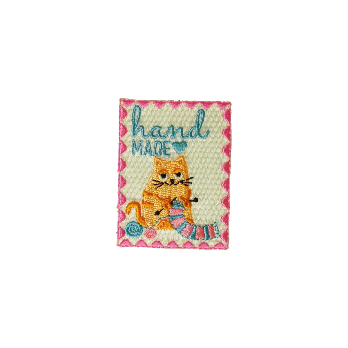 Bügelapplikation Katze mit Hand-Made-Schriftzug zum Aufbügeln auf Stoff