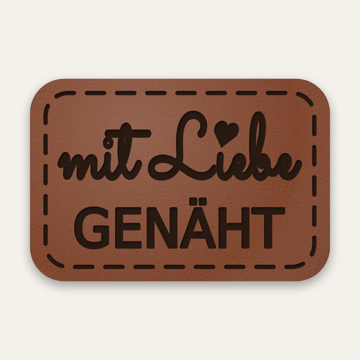 Kunstleder-Label mit Liebe genäht in Rotbraun mit gelaserter Ziernaht