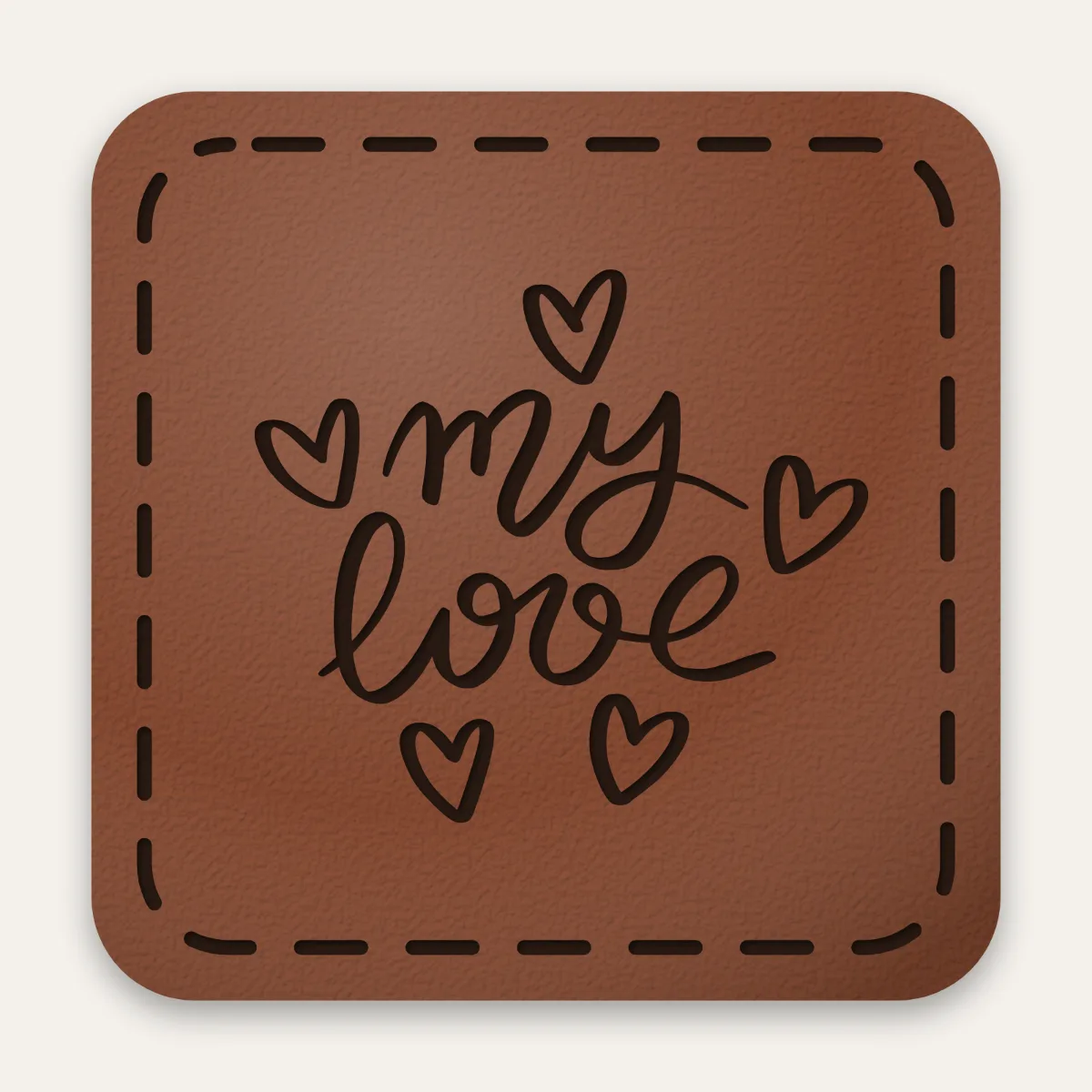 Kunstleder-Label my love in Rotbraun mit gelaserter Ziernaht