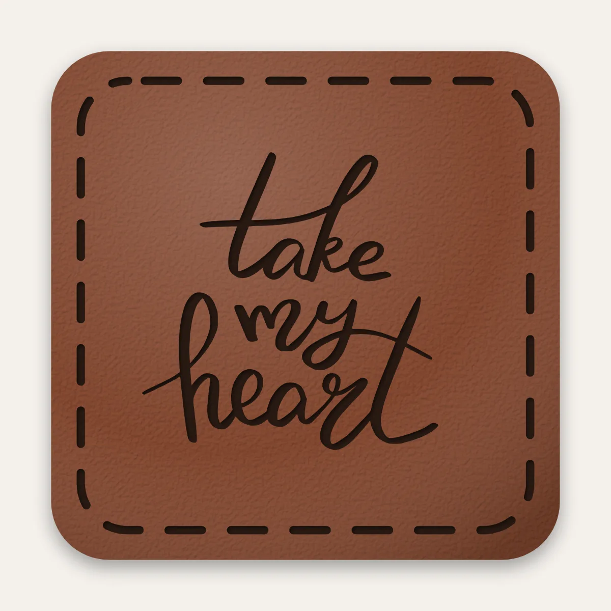 Kunstleder-Label take my heart in Rotbraun mit gelaserter Ziernaht